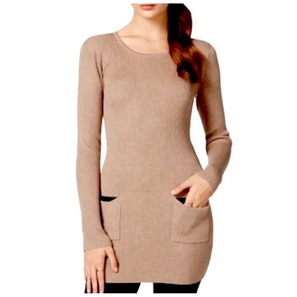 AGB Dresses & Skirts - AGB Ribbed Long Sleeve Sweater Dress with Faux Leather Pockets Tan Size L